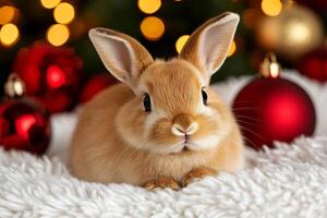 A small brown rabbit sitting on top of a white blanket photo