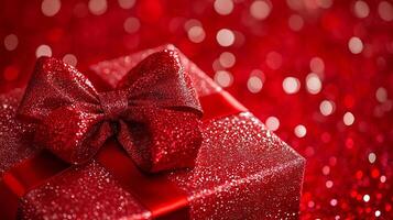 A red gift box with a red bow on a red background photo