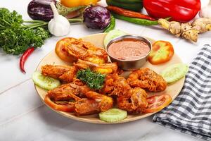 Golden fry prawn with sauce photo