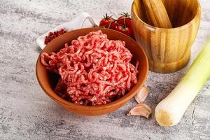 Minced beef meat in the bowl photo