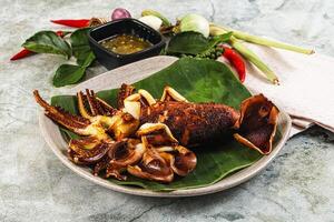 Delicous Grilled squid with sauce photo