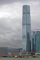 Skyscraper in a cloudy urban skyline, blending modern architecture with dramatic weather contrasts photo