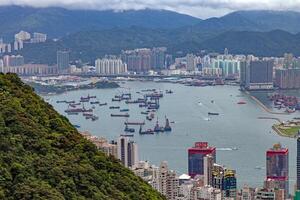 Aerial view of cargo ships anchored near Hong Kong port, with urban skyline and mountains in the background photo