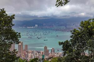 Aerial view of cargo ships anchored near Hong Kong port, with urban skyline and mountains in the background photo