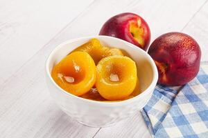 Canned peaches with sweet syrope photo