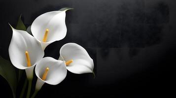 A serene funeral lily on a black background with space for text, perfect for a memorial service announcement or sympathy card, symbolizing respect and remembrance. photo