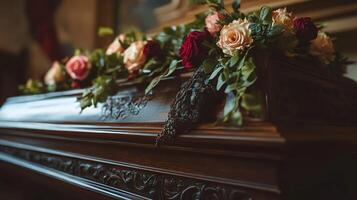 Close-up of a coffin with an elegant flower arrangement, symbolizing respect and remembrance, perfect for a funeral or memorial service. photo