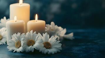 A tranquil condolence background featuring lit white candles and fresh white daisies on a textured grey surface, symbolizing remembrance, peace, and solemn reflection. photo