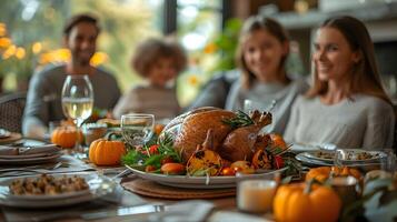A warm Thanksgiving family dinner with a bountiful feast, featuring seasonal decor, pumpkins, and autumn-themed accents, creating a festive and cozy atmosphere. photo