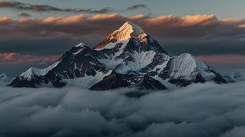 A mountain is seen in the clouds with clouds above it photo