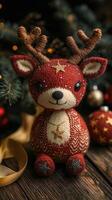 A red reindeer with a gold star on it photo