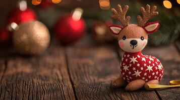 A small toy reindeer is sitting on a wooden table photo