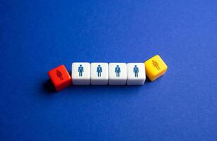 Hiring and firing workers. Moving the queue. Replacing a worker with a new one. Business, human resources. photo