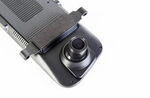 Car mirror with rear view camera and recorder on a white background, isolate, close-up photo
