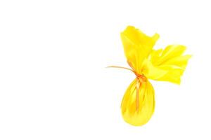 Easter egg, tied in a yellow wrapping fabric with a ribbon, on a white background, the concept of a gift for the holiday Easter, copy space, present photo
