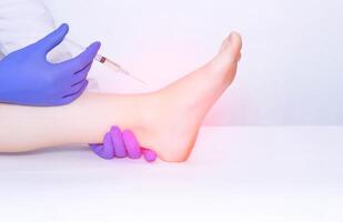 The doctor makes an injection into the ankle joint of the patient in plasma therapy to eliminate inflammation and pain, relieve edema, copy space photo