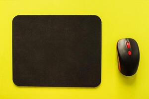 Computer mat and computer mouse on a light green background, close-up, instrument photo