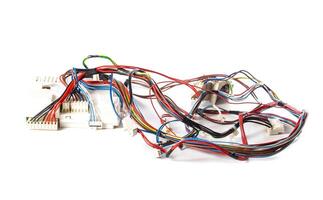 car wiring kit with electronic engine control unit on a white background, isolate, close-up photo