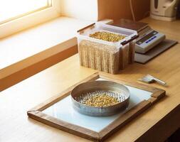 Laboratory for the inspection and analysis of grain, on the table lies a sieve and grain, corn analysis photo