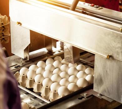 Production for sorting chicken eggs, the process of selection of chicken eggs, close-up, sorting photo