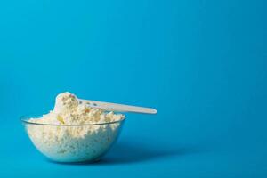 Plate with dry milk mixture enriched with vitamins, minerals and bifidobacteria on a blue background. Copy space for text photo