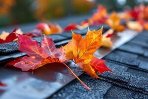 Autumn Leaves on Wet Rooftop Nature's Vibrant Display for Seasonal Decor photo