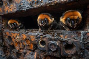 Close-Up of Curious Bumblebees Exploring Rustic Metal Surface in Nature Photography photo
