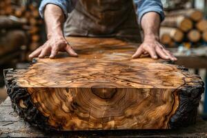 Craftsman Woodworking with Polished Live Edge Slab in Workshop photo