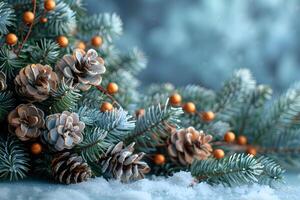 Christmas Pine Branches with Pinecones and Berries in Snowy Winter Scene photo