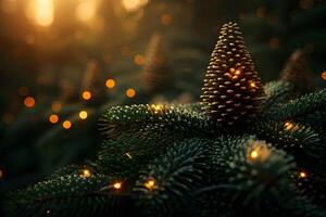 Festive Pine Cone and Evergreen Branch with Warm Holiday Lights in Bokeh Glow photo