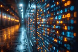 Digital Data Stream in a Futuristic Server Room for Technology Concepts photo