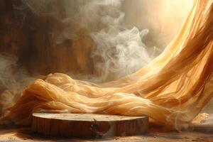 Ethereal Scene with Flowing Fabric and Wooden Platform for Elegant Design and Art Concepts photo