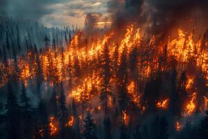 Intense Forest Fire at Dusk Highlighting the Destructive Power of Nature photo
