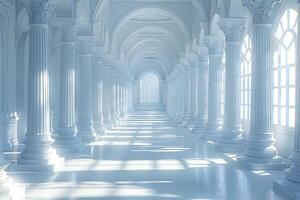 Majestic Sunlit Hallway with Ornate Columns and Arched Windows for Architectural Design photo