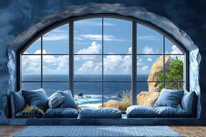 Coastal Dream View Through Arched Window with Ocean Vista for Home Decor Inspiration photo