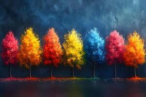 Vibrant Rainbow-Colored Tree Row Against Moody Abstract Background for Art Design photo