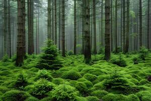 Serene Misty Forest with Lush Green Moss and Tall Pine Trees photo