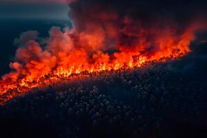 Intense Forest Wildfire at Dusk - Dramatic Aerial View of Blazing Fire Line and Thick Smoke photo