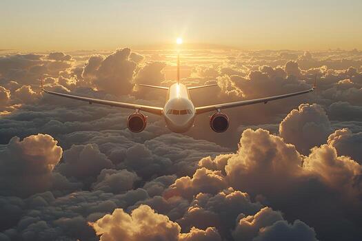 avión altísimo mediante un majestuoso Cloudscape a puesta de sol para viaje y aventuras conceptos foto
