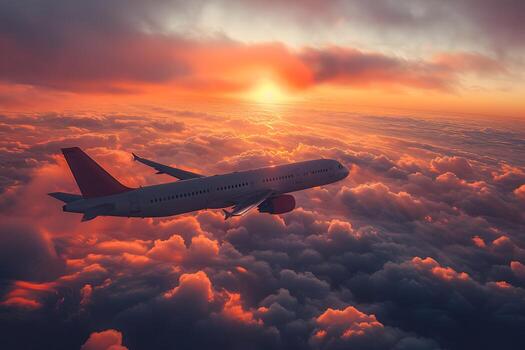 avión altísimo mediante vibrante puesta de sol nubes viaje y aventuras concepto foto