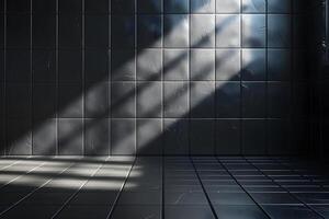Sunlight Streams Through Dark Tiled Room Creating Dramatic Contrast and Shadows photo