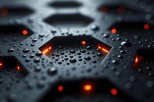 Futuristic Hexagonal Pattern with Water Droplets and Glowing Lights photo