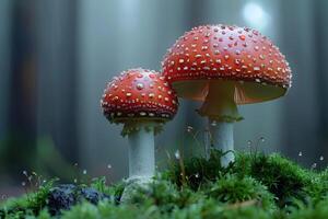 Enchanting Forest Scene Featuring Red Fly Agaric Mushrooms in Misty Atmosphere photo