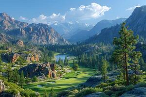 Majestic Mountain Landscape with Lush Valley and Golf Course at Sunrise photo