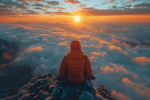 Serene Contemplation Above the Clouds at Sunrise - Adventure, Exploration, Tranquility photo