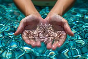Refreshing Summer Concept with Hands Collecting Water in a Vibrant Pool Setting photo