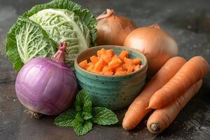Fresh Vegetables Arrangement with Cabbage, Onions, Carrots, and Mint for Healthy Cooking photo