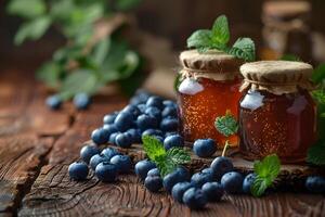 Rustic Blueberry Jam and Fresh Fruit Arrangement with Mint on Wooden Table photo