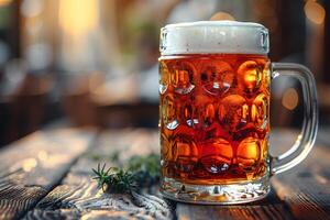 Refreshing Amber Beer Mug on Rustic Table Setting Perfect for Oktoberfest Decor and Refreshment Themes photo