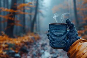Cozy Autumn Walk with Warm Beverage in Misty Forest photo